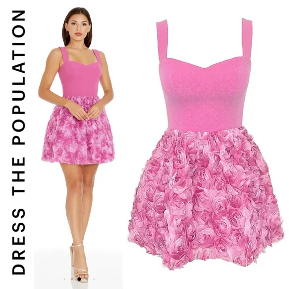 NWT Dress The Population Melanie Floral Applique Mixed Media Mini Dress L - Picture 2 of 10